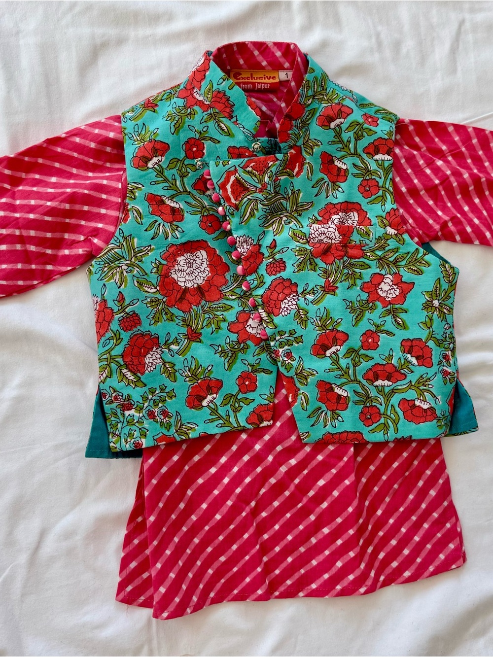 Kids Floral Turquoise Vest with Pink Kurta